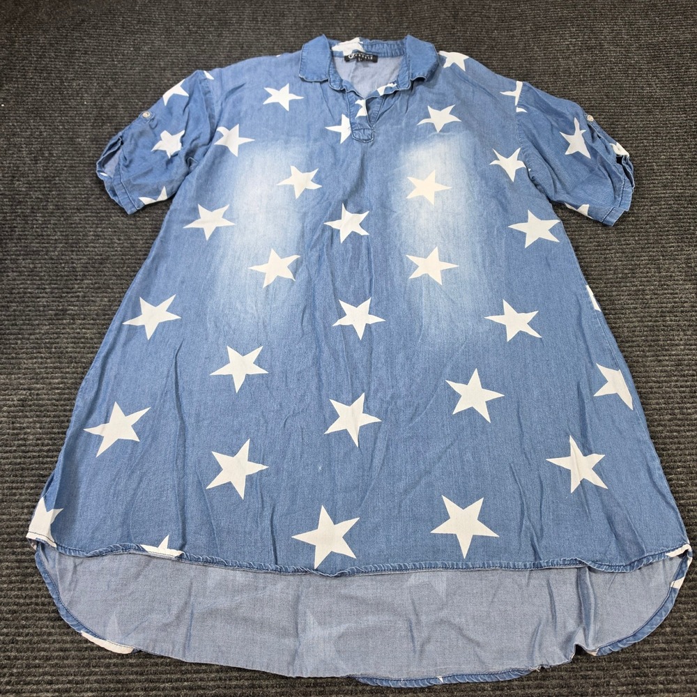 Collection by Cezele Tunic Dress Womens M Blue Excellent Star Print Roll Tab